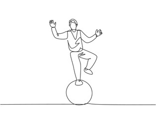 Wall Mural - Continuous one line drawing a male acrobat performs a standing stunt with one foot on a circus ball while performing a dance. Interesting for the audience. Single line draw design vector illustration.