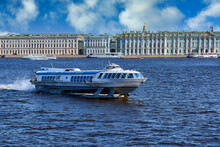 The Meteor Ship Sails Along The Neva River In St. Petersburg