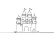 Single one line drawing of castle in an amusement park with four towers and two flags on it. A fort that contains an atmosphere in a fairy tale. Continuous line draw design graphic vector illustration