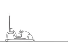 Single Continuous Line Drawing Electric Dodgem Car In Amusement Park Arena With One Antenna. Playing Bumper Car Is A Lot Of Fun For Kids. Dynamic One Line Draw Graphic Design Vector Illustration.