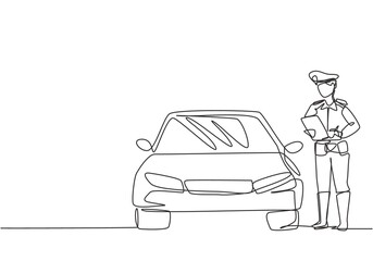 Wall Mural - Single continuous line drawing policeman with uniform is ticketing a driver who uses a car for violating traffic signs. Regulations must be enforced. One line draw graphic design vector illustration.