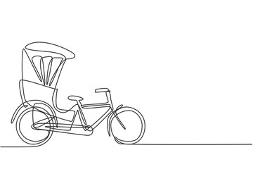 Poster - Single continuous line drawing the cycle rickshaw seen from the side pulls the passenger sitting behind it with a bicycle pedal. Tourist vehicle. One line draw graphic design vector illustration.