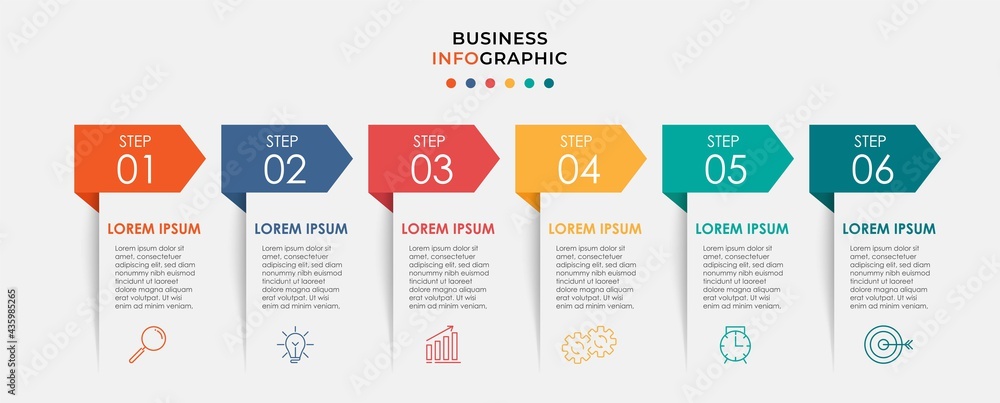 Vector Infographic design business template with icons and 6 options or steps. Can be used for process diagram, presentations, workflow layout, banner, flow chart, info graph - obrazy, fototapety, plakaty 