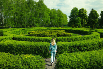 Young woman in hedge maze on sunny day, back view