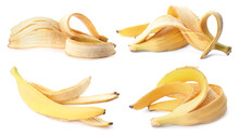 Banana peels on white background, collage. Composting of organic waste
