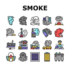 Wall Mural - Smoke And Fog Steam Collection Icons Set Vector. Transport Car And Urban, Vape And Tobacco Smoke, Air Purification System And Filter Concept Linear Pictograms. Contour Color Illustrations