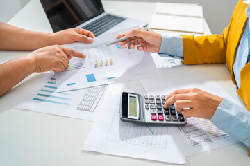 Wall Mural - accountant  pointing on laptop for meeting team in office room. concept finance and accounting