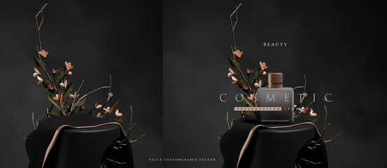 dark elegant podium scene for product presentation with realistic decorative flowers and branches st