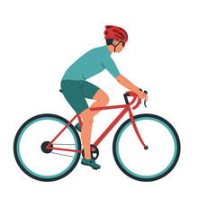 Cyclist In Action. Man Biker On A Bicycle Race From The Side. Sport Competition. Vector Illustrations Isolated On White Background.