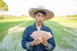 Asian farmer man surprise with wow face and looking stacks of banknote money at a green rice farm