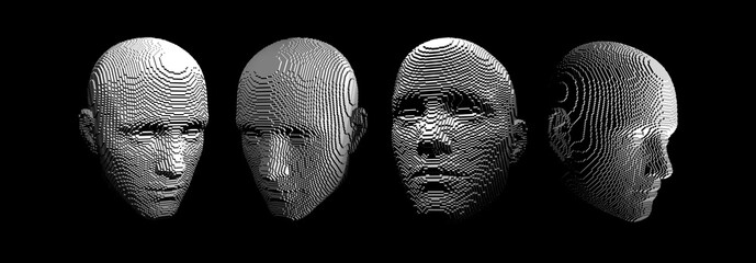 four human faces constructing from cubes. anonymous social masking. technology and robotics concept.