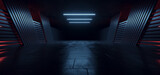 Fototapeta Do przedpokoju - Realistic Alien Sci Fi Futuristic Concrete Asphalt Warehouse Spaceship Garage Hangar Parking Hallway Tunnel Corridor Blue Red Glowing Lights Background 3D Rendering