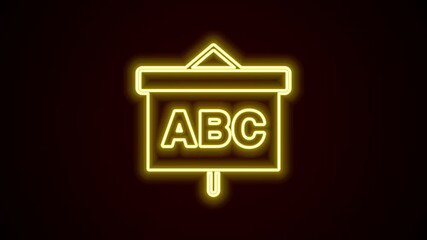 Sticker - Glowing neon line Chalkboard icon isolated on black background. School Blackboard sign. 4K Video motion graphic animation