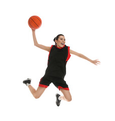 Sticker - Professional sportswoman playing basketball on white background