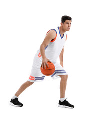 Poster - Professional sportsman playing basketball on white background