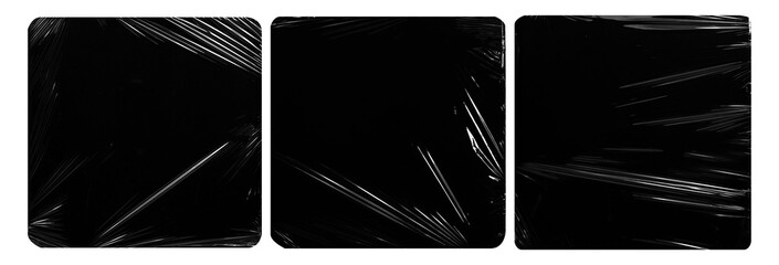 collection set of plastic wrap texture for overlay. wrinkled stretched plastic effect. transparent plastic wrap on black background.