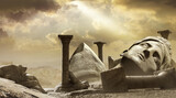 Fototapeta  - 3d render background illustration of ancient greek temple ruins with female goddess statue with clouds and sun ray.