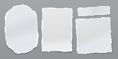 Set of torn white note, notebook paper pieces stuck on dark grey background. Vector illustration