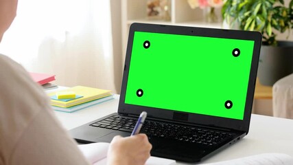 Sticker - education, online school and distant learning concept - student woman with green screen on laptop computer, notebook and book at home