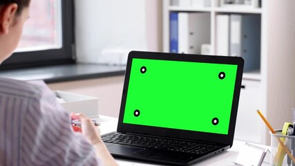 Poster - remote job, technology and people concept - young woman with green screen on laptop computer having video call at home office