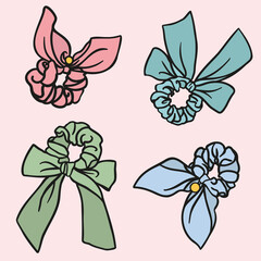 Wall Mural - Collection of doodled vector scrunchies. Bundle of hair tie accessory illustrations with and on background.