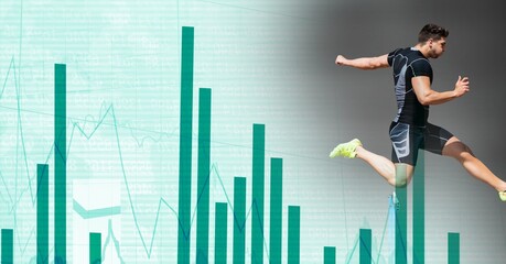 Poster - Composition of male athlete hurdle jumping with statistics and data processing