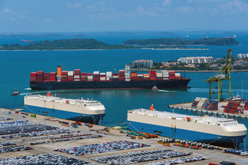 Busy container terminal with car carriers and container ship.