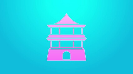 Sticker - Pink line Traditional chinese house icon isolated on blue background. 4K Video motion graphic animation