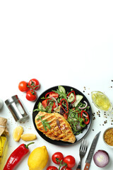 Concept of tasty eating with salad with grilled chicken on white background