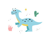 Fototapeta Dinusie - Cute hand drawn dinosaur. Funny cartoon dino. Vector kids illustration.