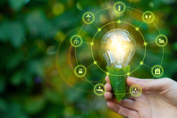 green energy innovation light bulb with future industry of power generation icon graphic interface. 