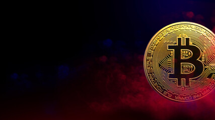 Wall Mural - golden bitcoin coin is in red and blue smoke background. cryptocurrency concept