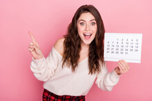 Photo Of Sweet Excited Young Lady Wear Off-shoulder Pullover Pointing Finger Empty Space Isolated Pink Color Background