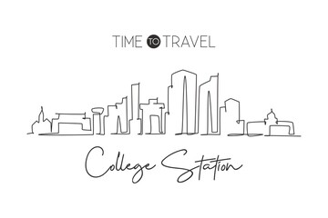 Single continuous line drawing of College Station skyline, Texas. Famous city scraper landscape. World travel home wall decor art poster print concept. Modern one line draw design vector illustration