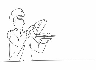 Wall Mural - Single one line drawing of young attractive male chef serving delicious cuisine on restaurant. Holding and opening tray cloche modern template one line hand drawn vector illustration minimalism style