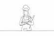 Continuous one line drawing of young attractive beauty female chef holding wood rolling pin while arm crossed on chest. Service excellent concept single line draw graphic design vector illustration