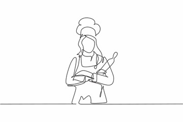 Wall Mural - Continuous one line drawing of young attractive beauty female chef holding wood rolling pin while arm crossed on chest. Service excellent concept single line draw graphic design vector illustration