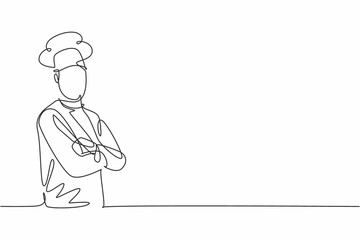 Wall Mural - Continuous one line drawing young male chef pose cross his arms on chest before cooking at kitchen. Professional job profession minimalist concept. Single line draw design vector graphic illustration
