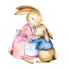 Watercolor Rabbit Illustration,  Mother And Child