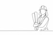 Single continuous line drawing of young female architect holding blueprint paper pose cross arms. Professional work job occupation. Minimalism concept one line draw graphic design vector illustration