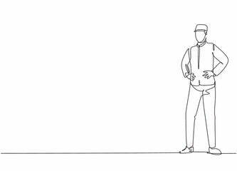 Wall Mural - Continuous one line drawing of young handsome doorman pose standing and waiting for hotel guests. Professional job profession minimalist concept. Single line draw design vector graphic illustration