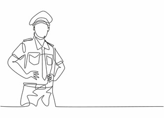 Continuous one line drawing of young captain pilot pose wearing uniform before take off flight. Professional job profession minimalist concept. Single line draw design vector graphic illustration