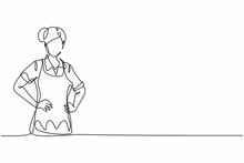 Single One Line Drawing Of Young Beauty Female House Maid Posing With Hands On Hip. Professional Work Profession And Occupation Minimal Concept. Continuous Line Draw Design Graphic Vector Illustration