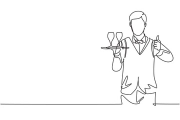 Wall Mural - Single continuous line drawing waiter with a gesture raised his thumb and brought a tray of drinking glasses serving visitors at the cafeteria. Dynamic one line draw graphic design vector illustration