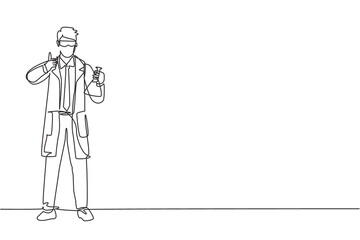 Wall Mural - Single continuous line drawing the scientist stands with a thumbs-up gesture and holding a measuring tube filled with a chemical liquid. Dynamic one line draw graphic design vector illustration.