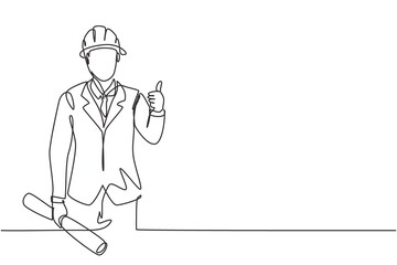 Wall Mural - continuous one line drawing the architect with a gesture of raising his thumb and wearing a helmet c