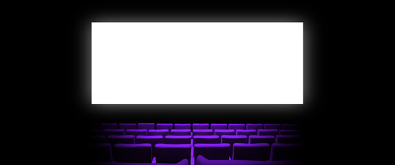 Wall Mural - Cinema movie theatre with purple seats and a blank white screen. Horizontal banner