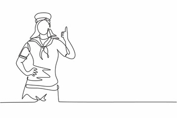 Wall Mural - Single one line drawing of sailor woman with a thumbs-up gesture ready to sail across the seas in a ship that is headed by a captain. Modern continuous line draw design graphic vector illustration