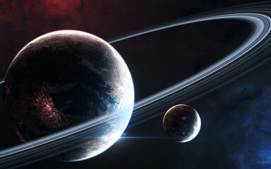 Wall Mural - inhabited planet in deep space with satellite. beautiful cosmic landscape. science fiction. elements