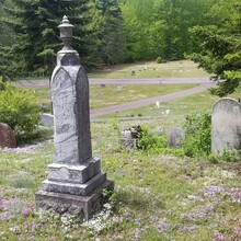 Tall Grey Tombstone With Green Grass And Trees In Background. 